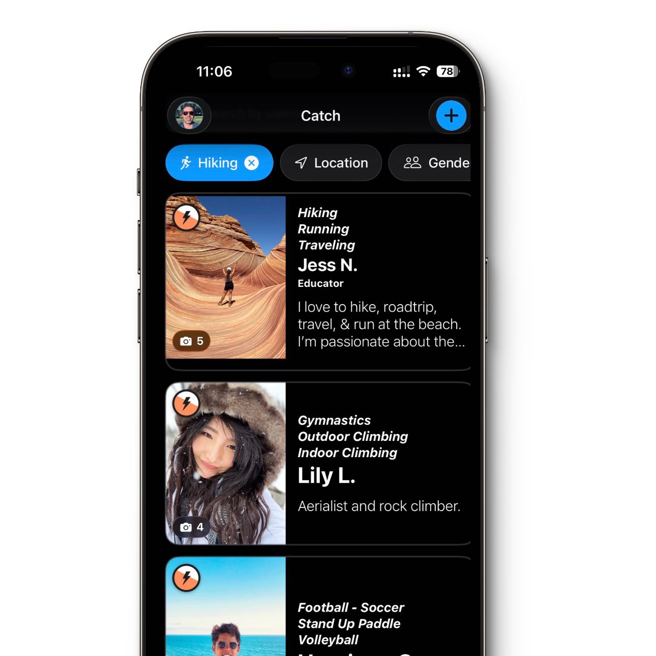 Discover new friends on CATCH, filtered by activity, location, and level